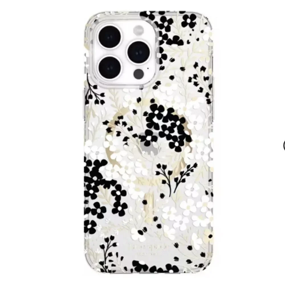 Kate Spade iPhone 15 Plus Protective Case MagSafe Black & White Floral Gems